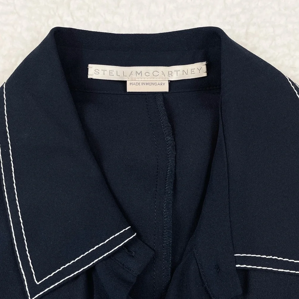 STELLA MCCARTNEY • 100% Silk Navy Contrast-Stitch Collared Mini Dress, S - Picture 12 of 16